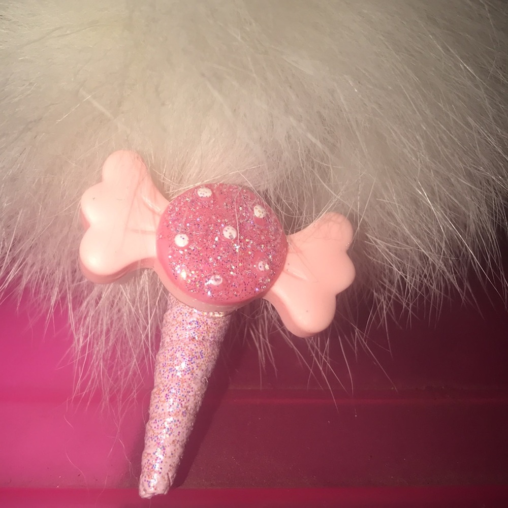 White fox fur Pom Pom glitter lollipop unicorn candy Barbie dollbaby keychain